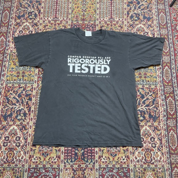 VTG 90s Compaq Desktop PCs Rigorously Tested Tech T-Shirt Gildan XL Faded Black